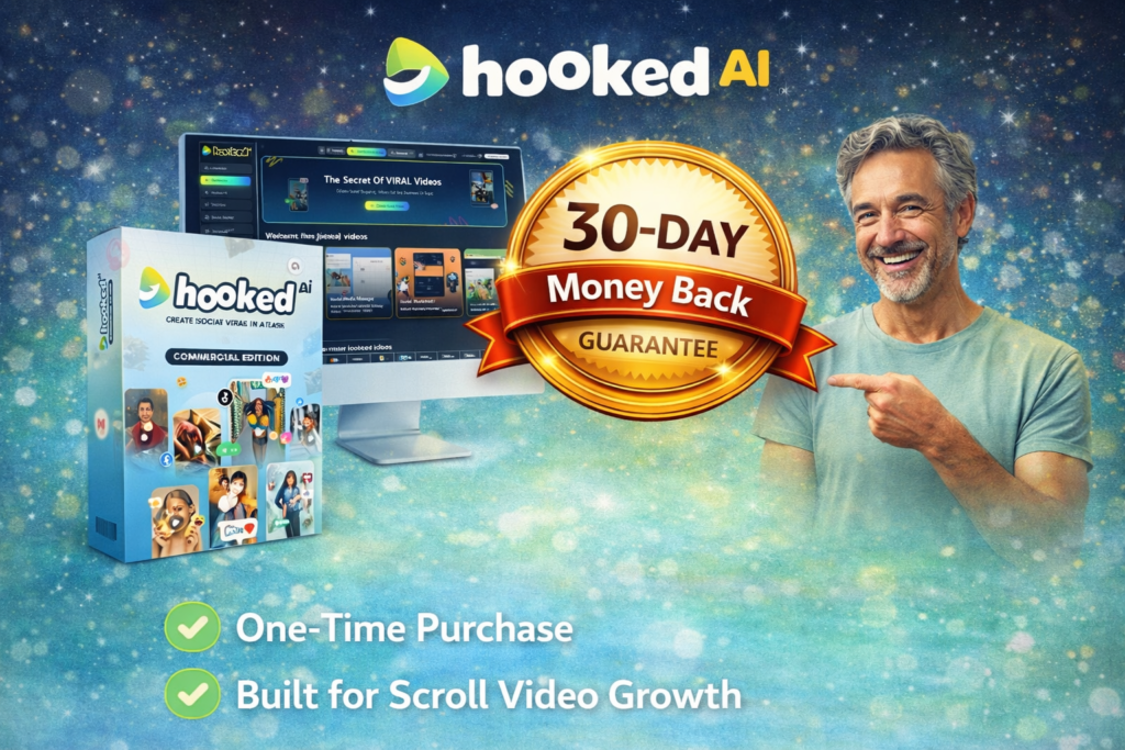 HookedAI final thoughts section image showing the software box, dashboard screen, 30-day money-back guarantee badge, and a smiling man pointing toward the guarantee to highlight value, trust, and scroll video growth.