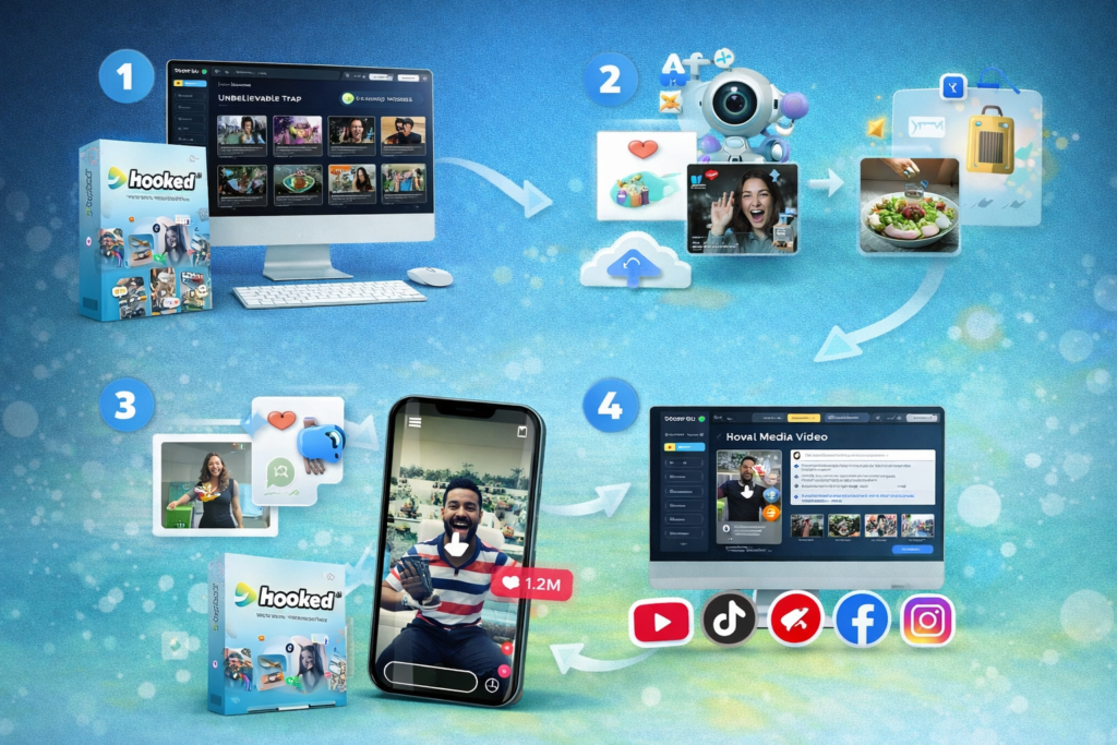 HookedAI how it works section image showing a step-by-step visual workflow for creating AI hook videos, including hook selection, AI content generation, video merging, and social media publishing.