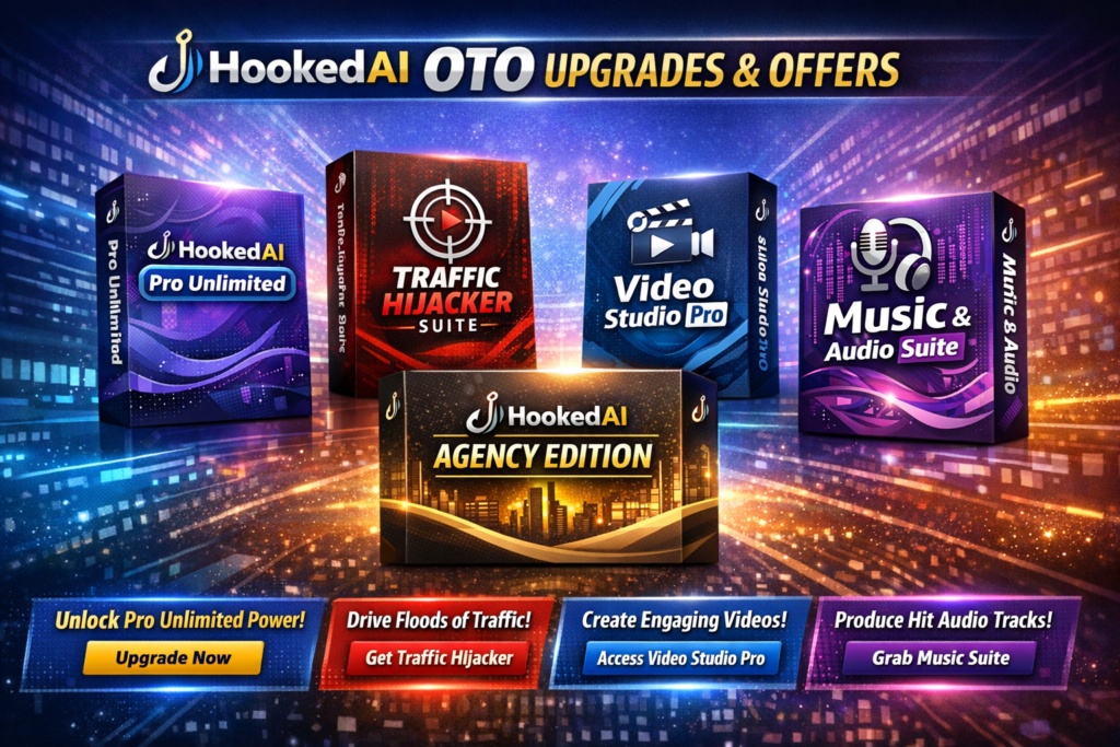 HookedAI OTO page image showing the main upgrade offers including Pro Unlimited, Traffic Hijacker Suite, Video Studio Pro, Music and Audio Suite, and Agency Edition in a 16:9 promotional layout.